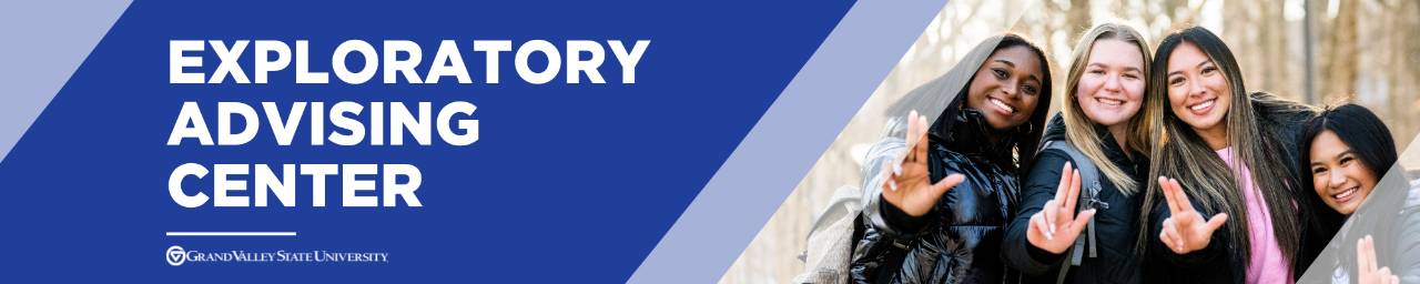 Four students smiling with Exploratory Advising Center Header